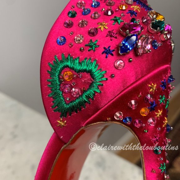 Louboutin Artifice 120 Fuchsia Satin Embellished Pumps size 39 - Picture 9 of 9